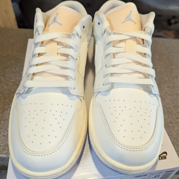 Nike Air Jordan 1 Low-Top Sneakers in White with Light Lavender Swoosh - Picture 2 of 5